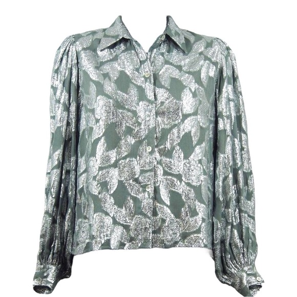 JEN'S PIRATE BOOTY Rising Star Metallic Silver Button Down Putf Sleeve Blouse - Picture 8 of 16